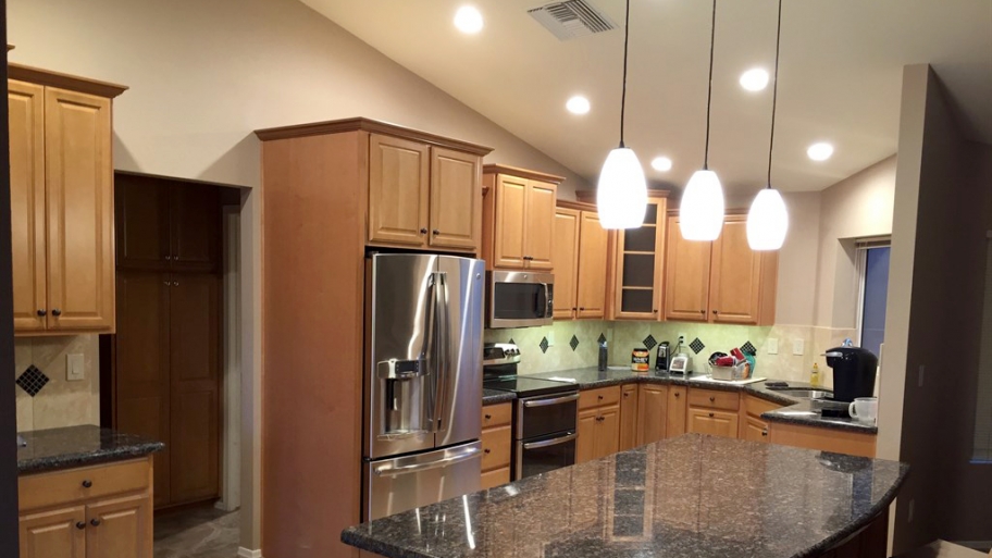 LED pendant and cabinet lights in kitchen