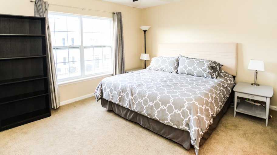 master bedroom with bookshelves