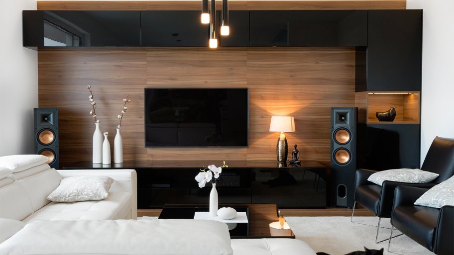 Modern living room with lights on