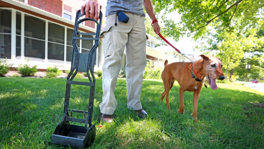 man with dog and pooper scooper