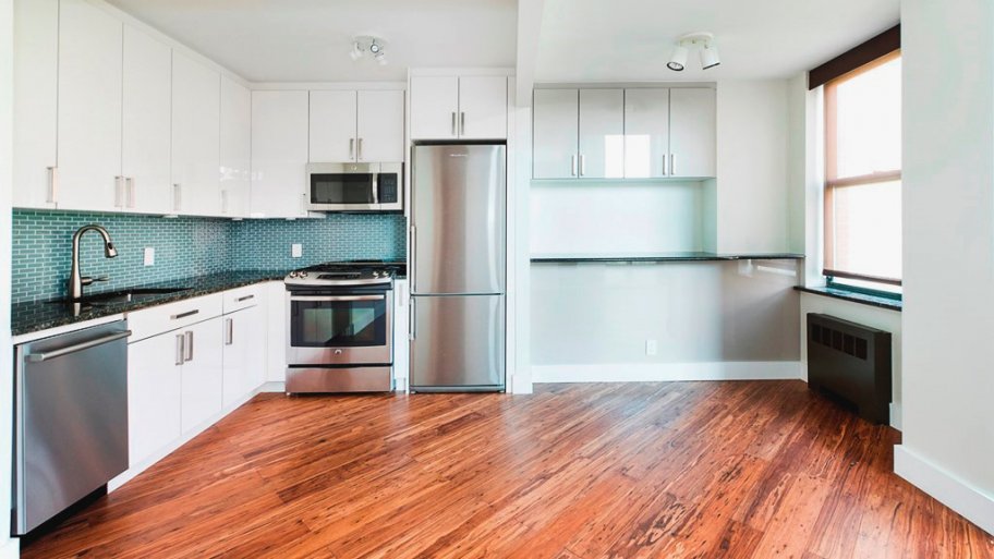 White kitchen cabinets with stainless steel appliances