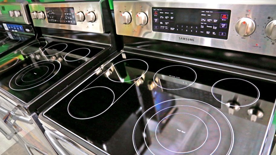 stoves on display in a showroom