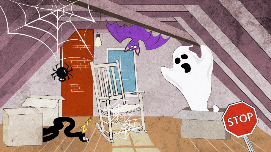 creepy attic with ghost, bat and spider