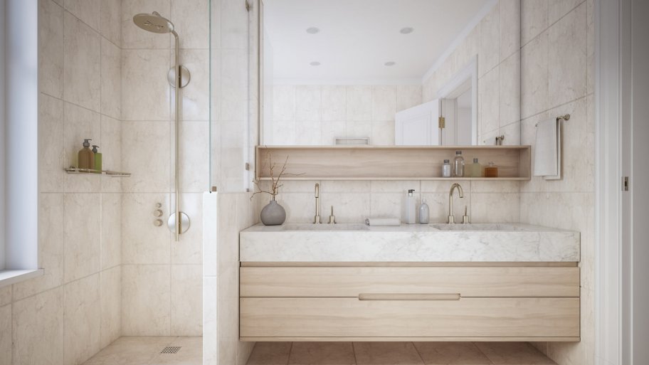 A beige colored modern bathroom