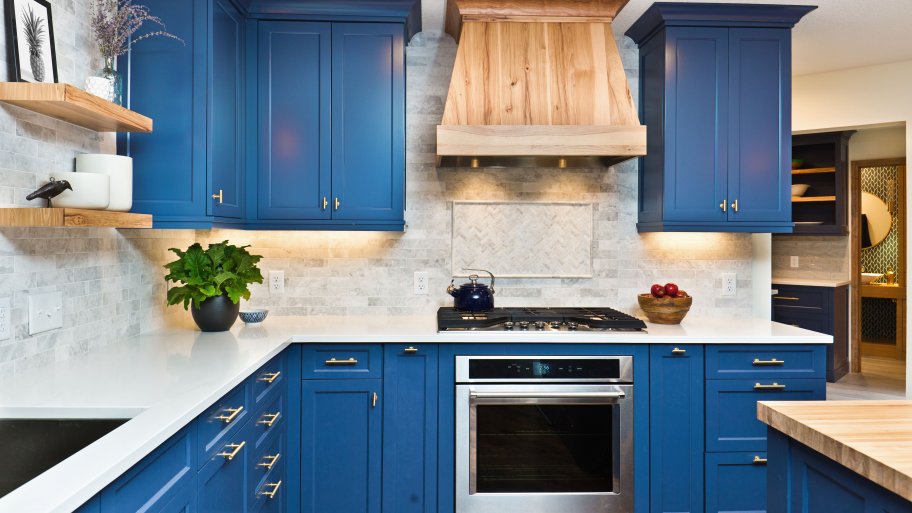 Kitchen cabinets painted a rich blue
