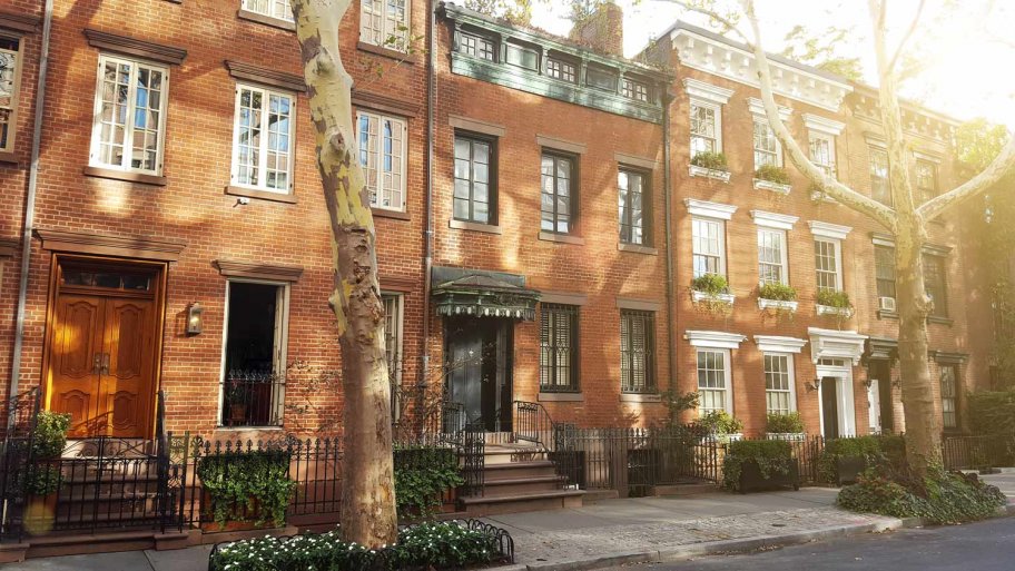 Row of brownstone townhouses in Manhattan, NY
