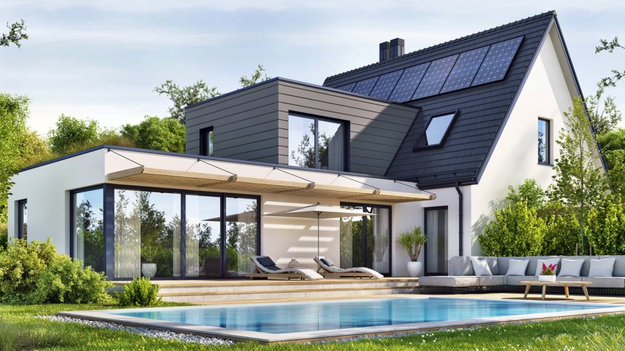 The exterior of a modern house with a pool
