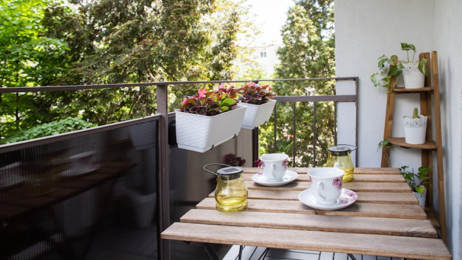 cozy patio with black floor and walls, tan and black furniture, and plants