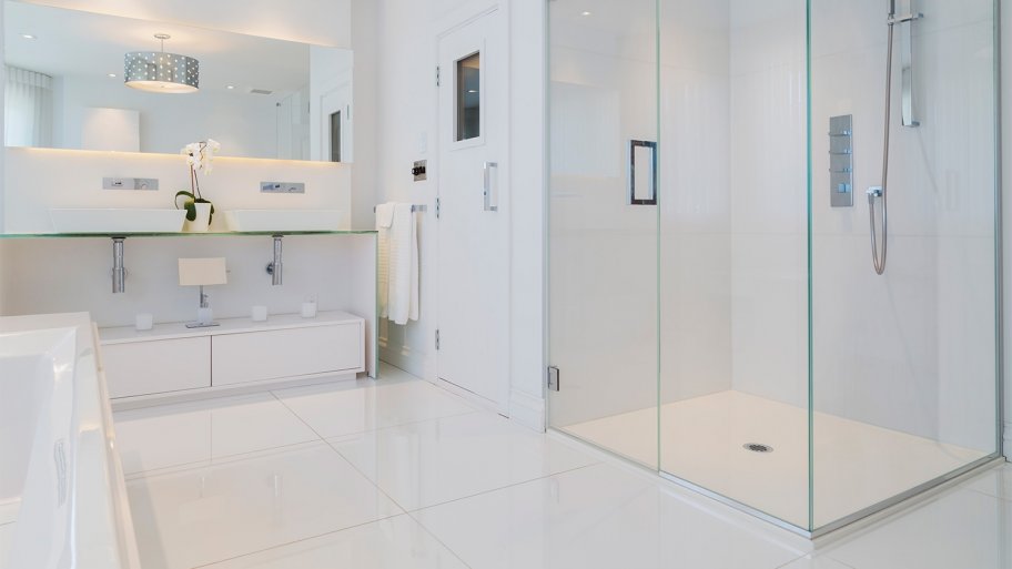 white ceramic tile glass shower stall