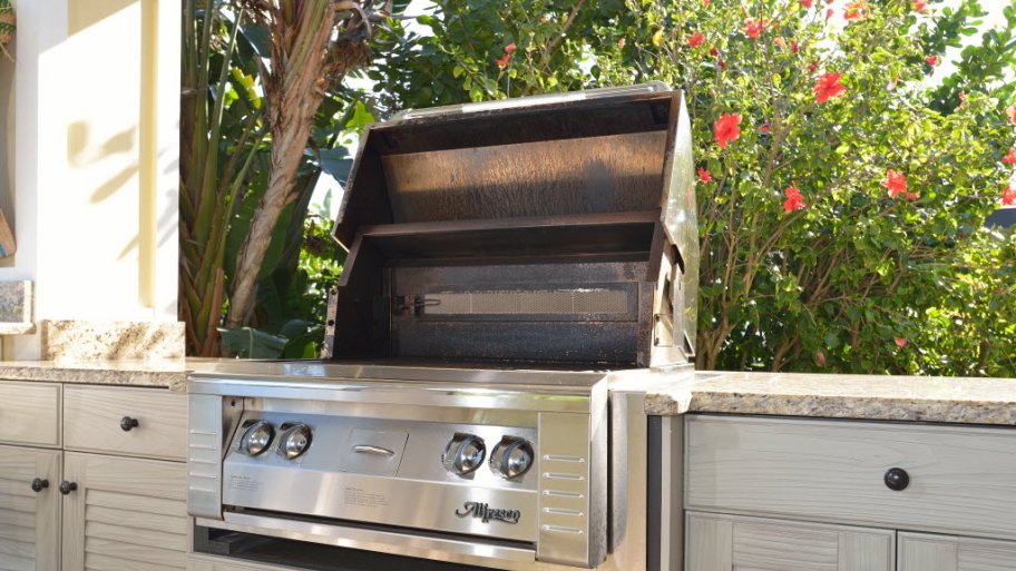 Gas grill in an outdoor kitchen