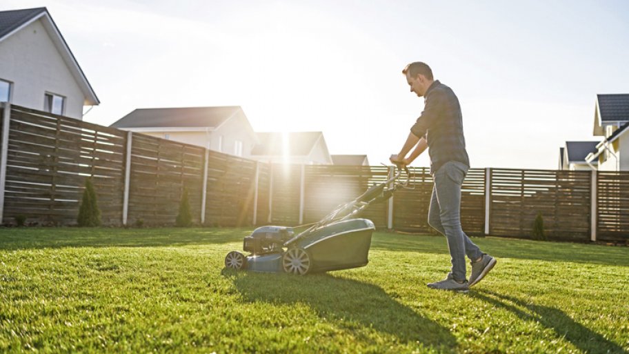 Man mows the lawn on a sunny day Man mows the lawn on a sunny day