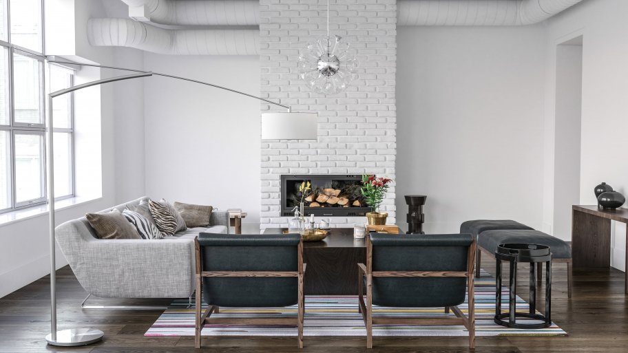 White painted brick fireplace in modern living room