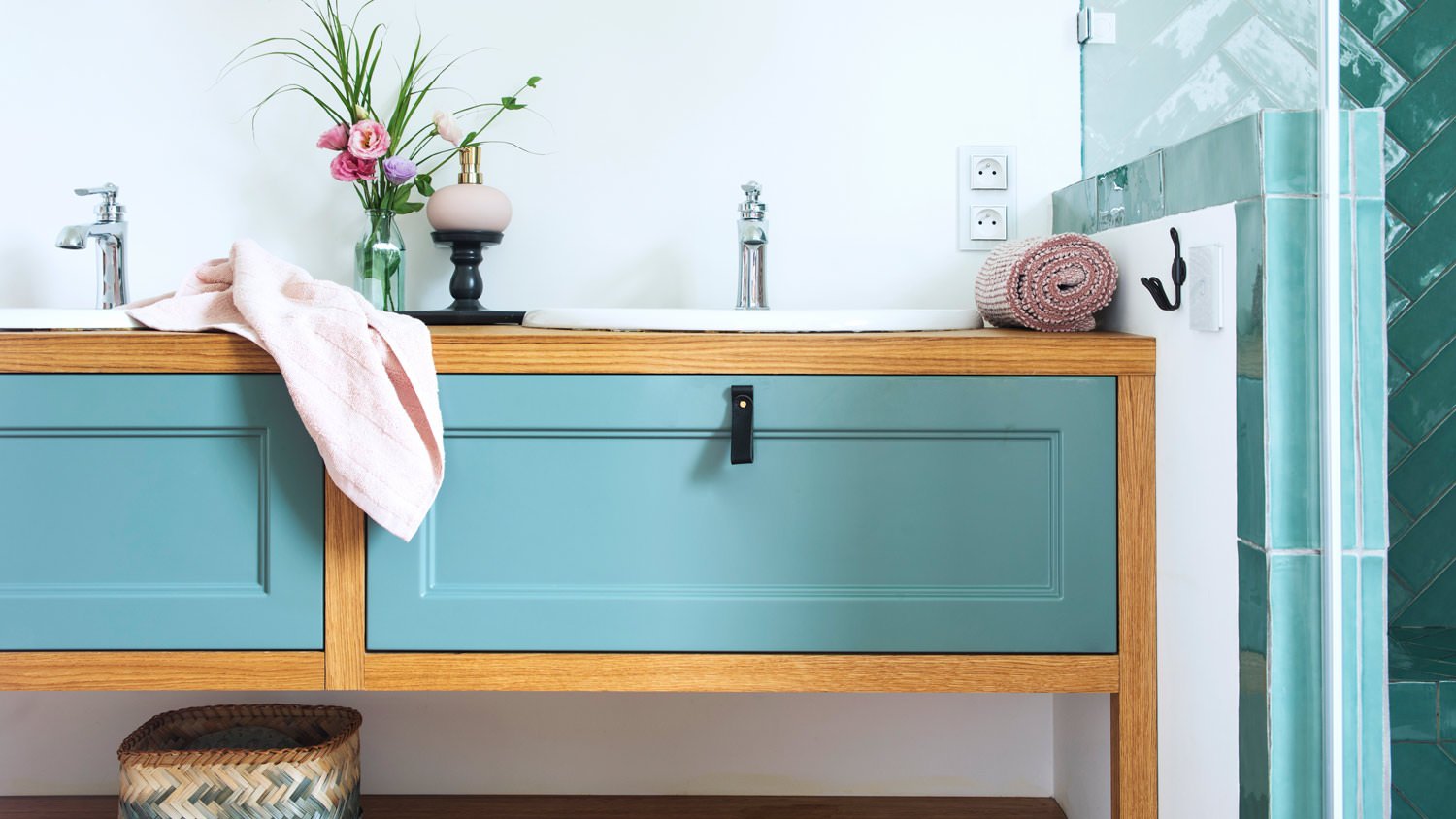 A stylish bathroom cabinet in warm colors