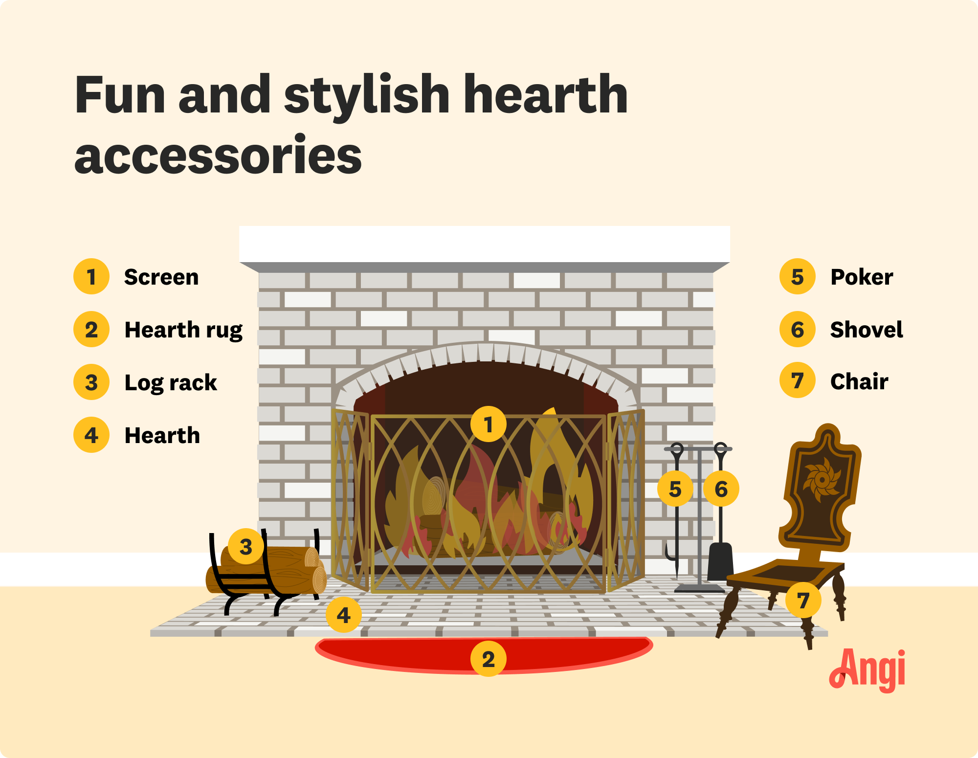 7 stylish hearth accessories illustrated, including a screen, log rack, poker, and a chair
