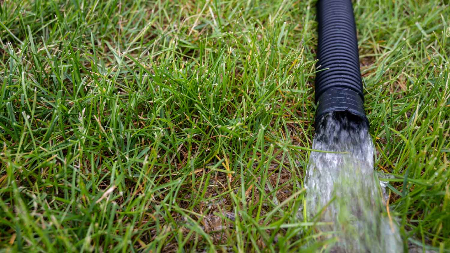 A sump pump discharging water on a slope