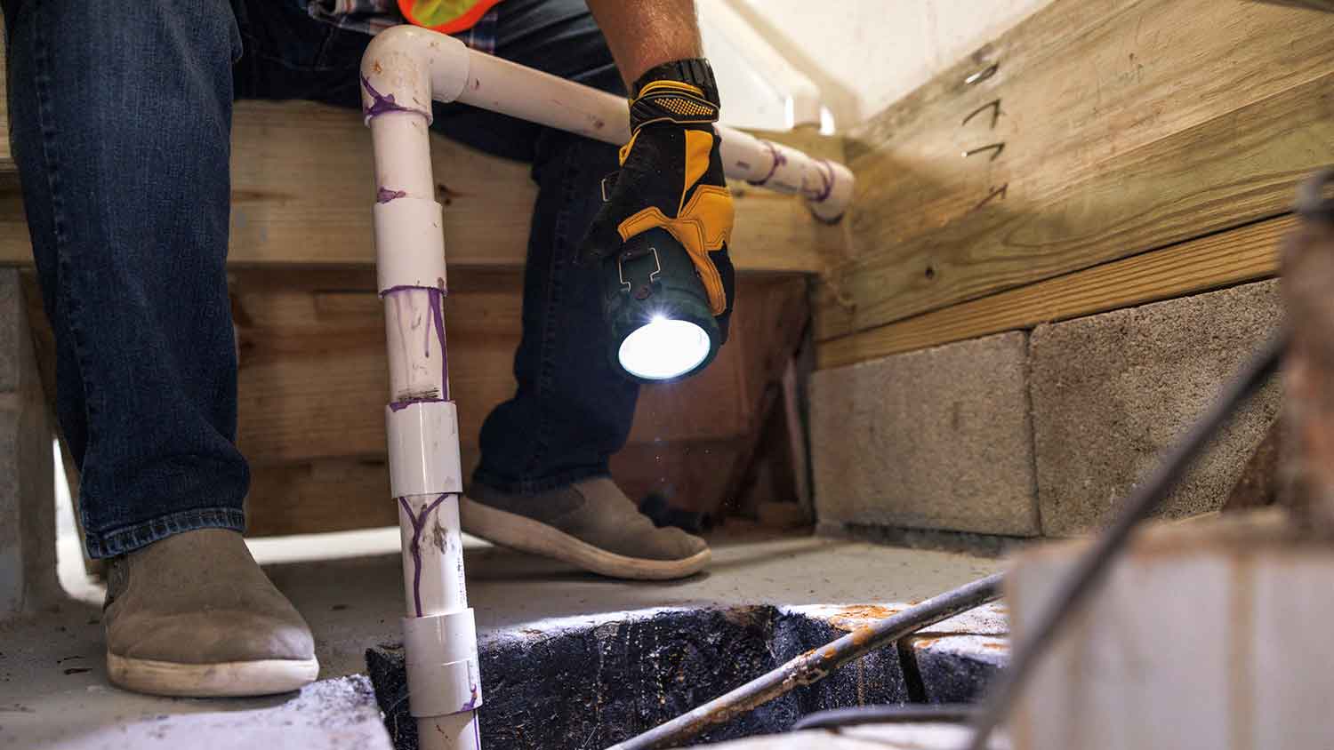 Inspector checking sump pump in the basement