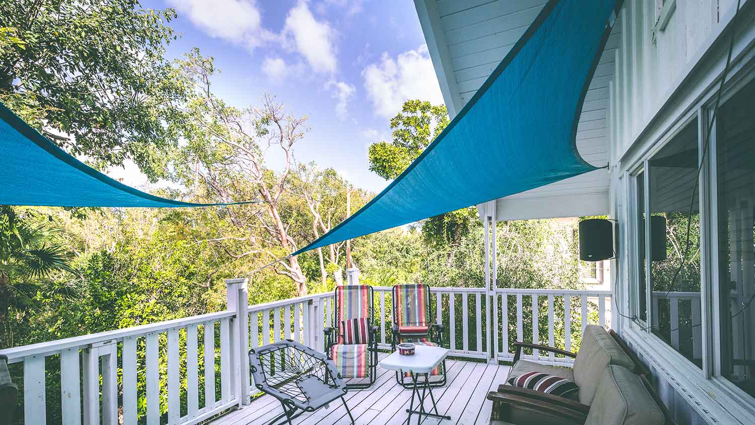 Sunbrella awning installed on the deck