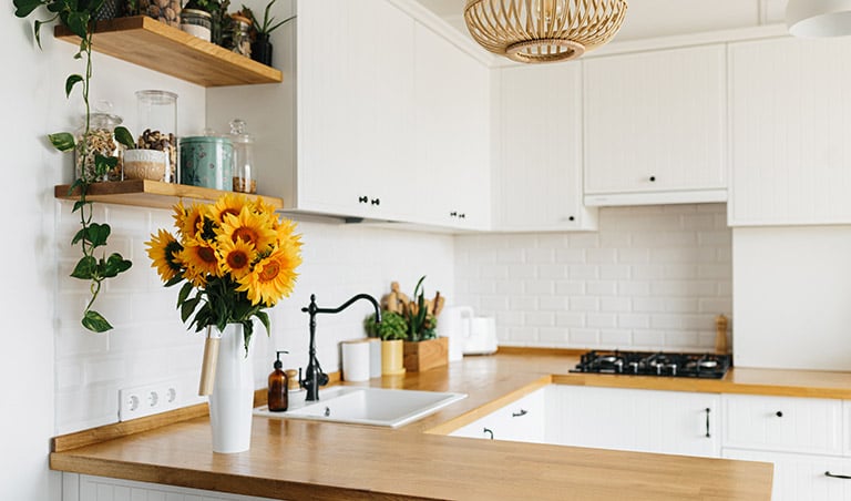 A tidy scandinavian kitchen on a sunny day