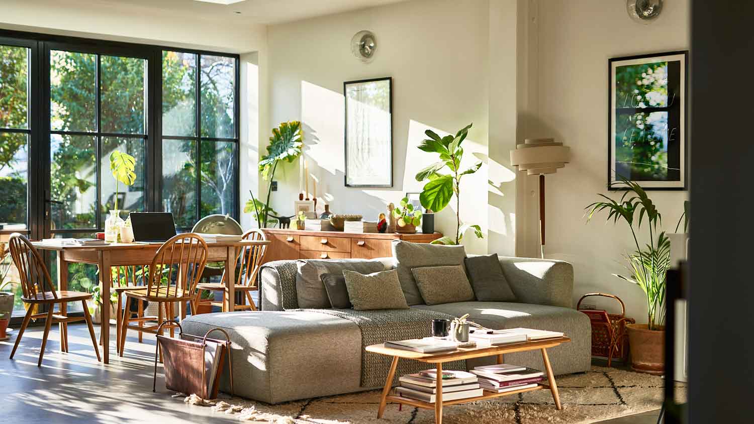 Sunshine coming through the windows of an open plan living space