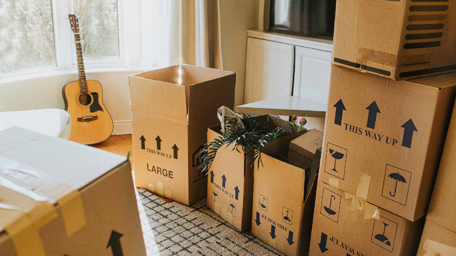 A sunny room filled with cardboard boxes while moving out