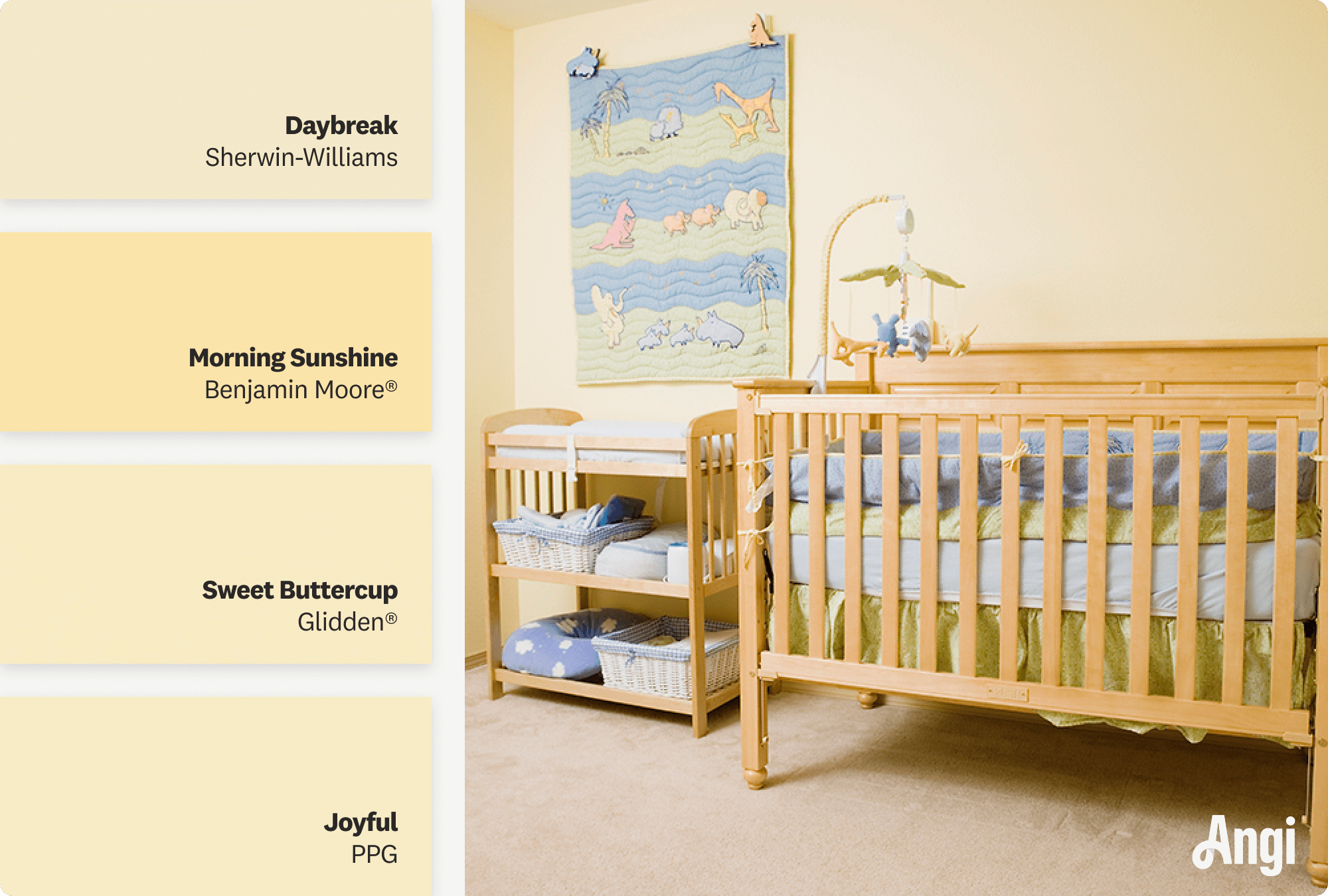 Yellow nursery with crib and changing table, including different tones of sunny yellow paint