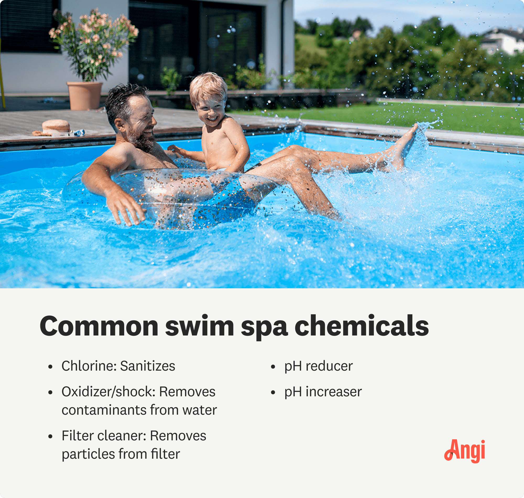 5 common swim spa chemicals, including pH reducer and pH increaser