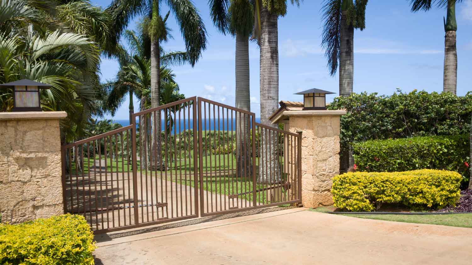 A swing gate in front of a property with palm trees