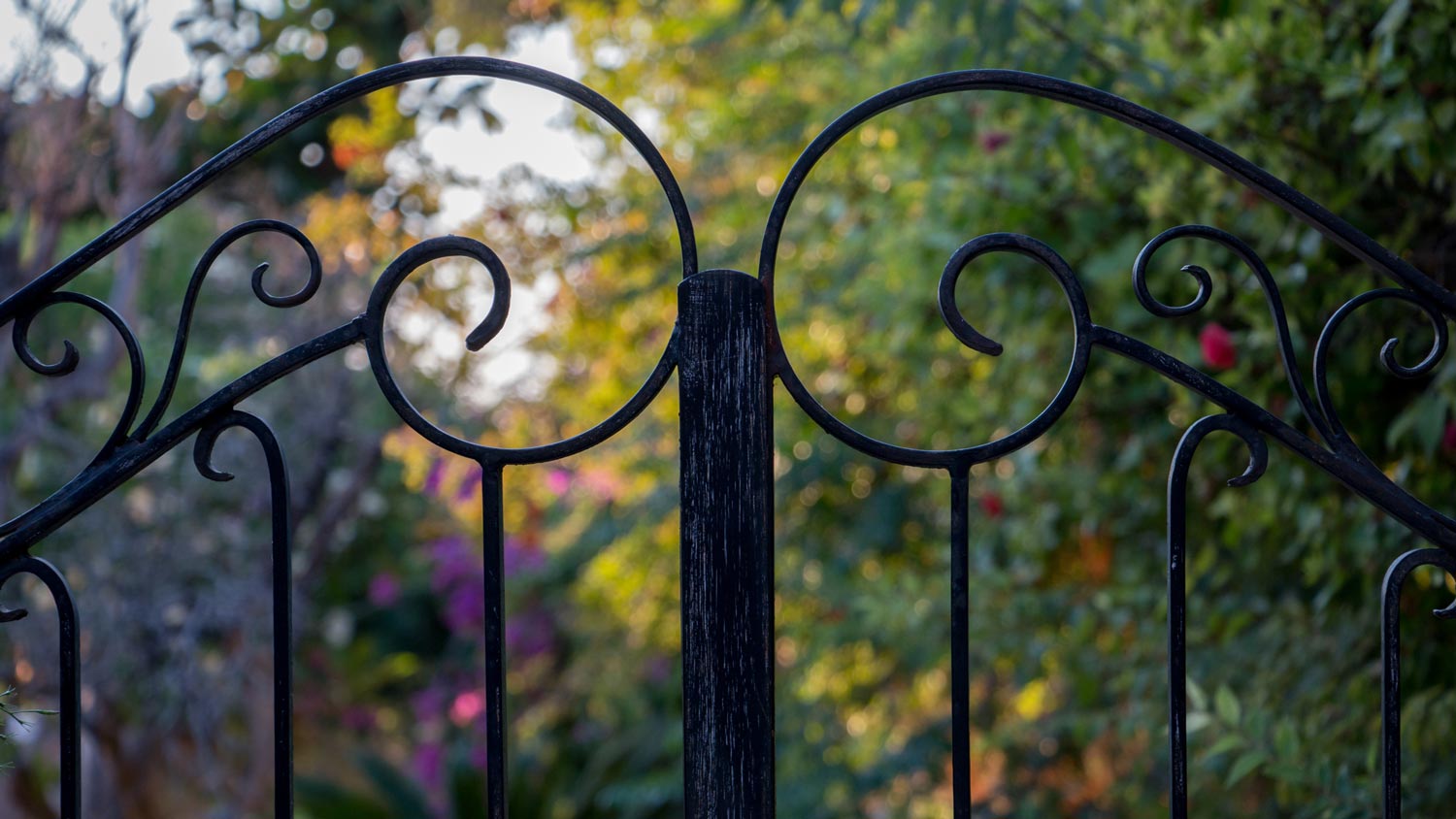 A symmetrical black iron front gate