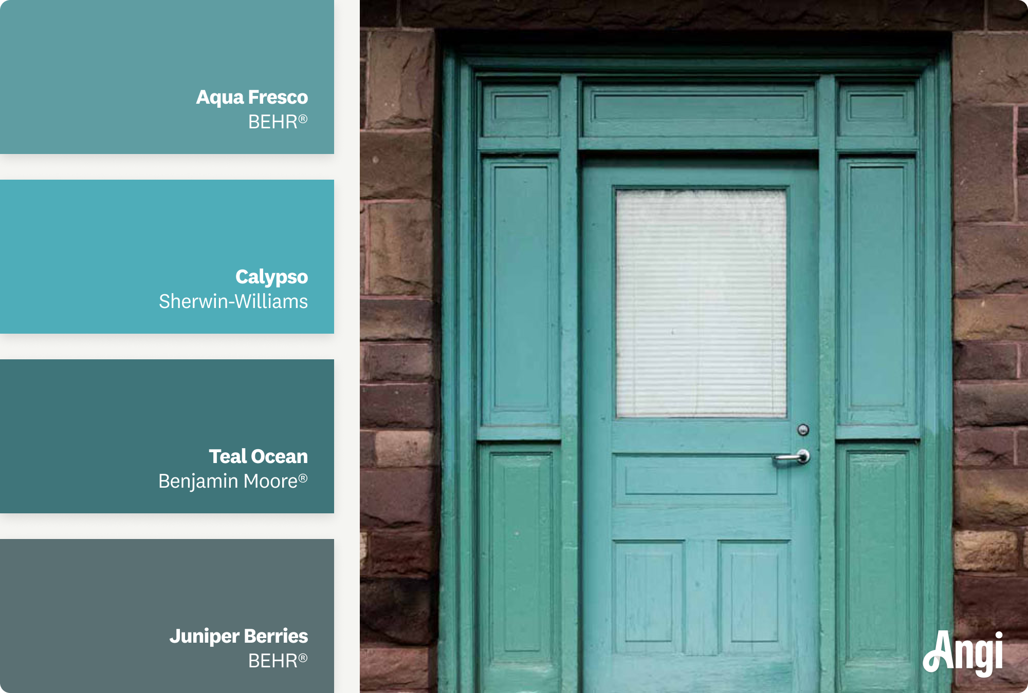 Teal front door of a brick home, including different tones of teal paint