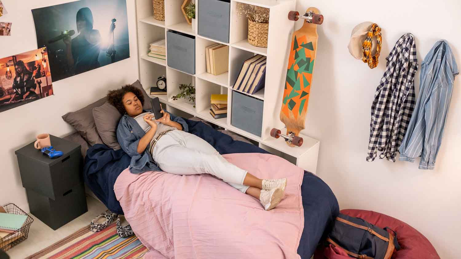 teen girl resting in basement bedroom