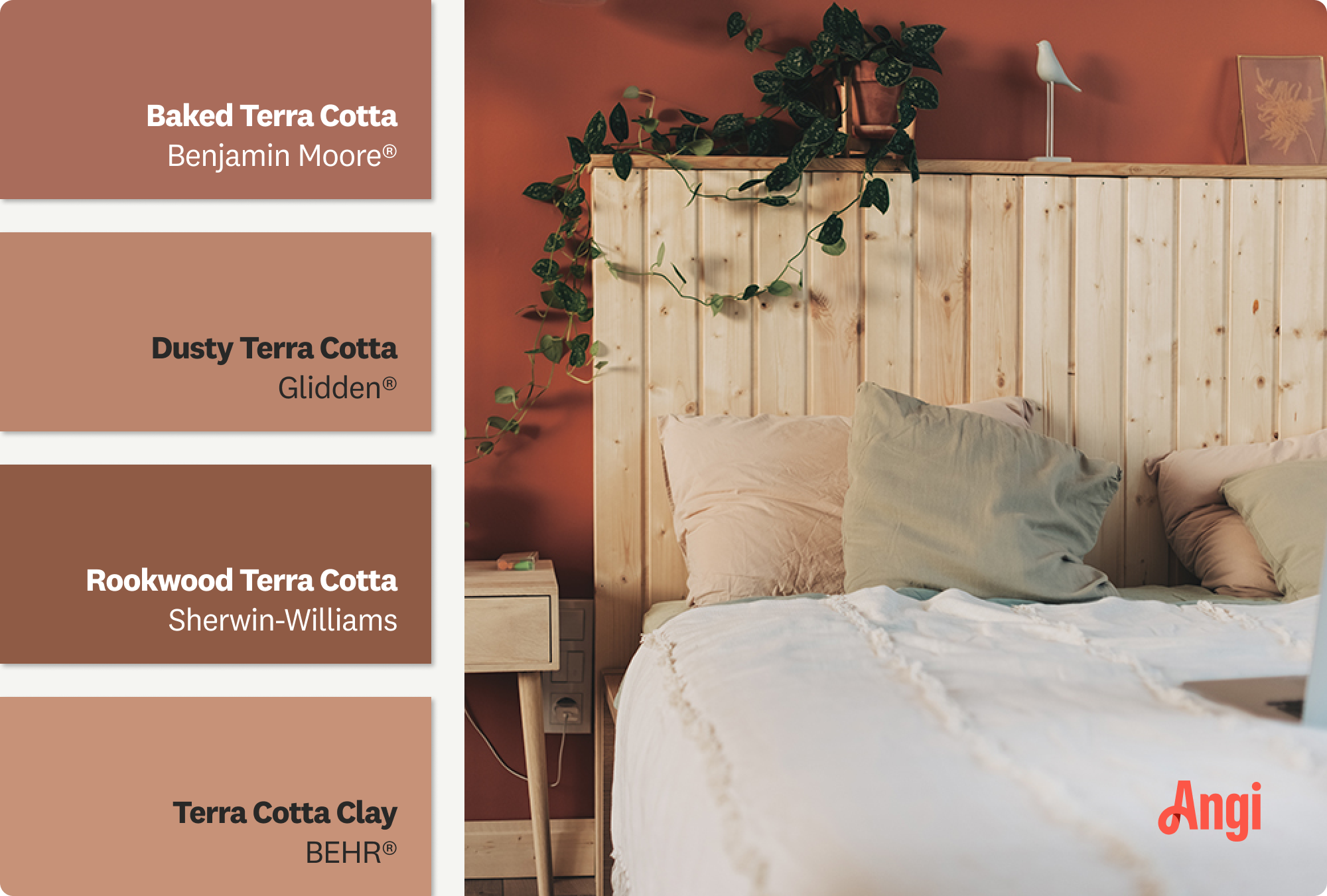 An elegant bohemian room features cozy furniture and warm tones, including terra cotta paint swatches