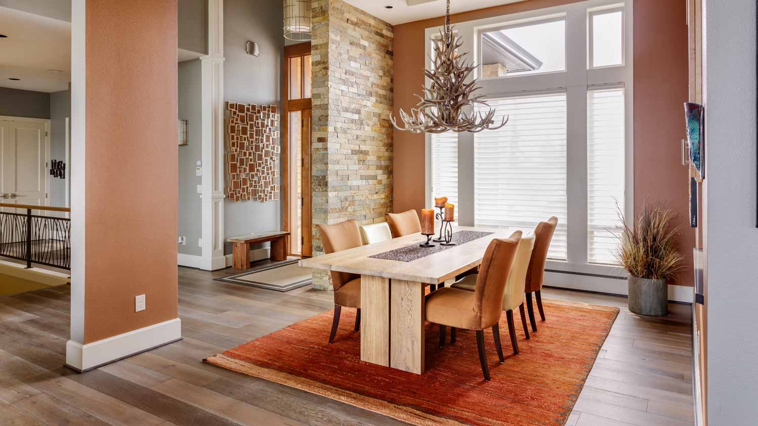 terracotta dining room with rug