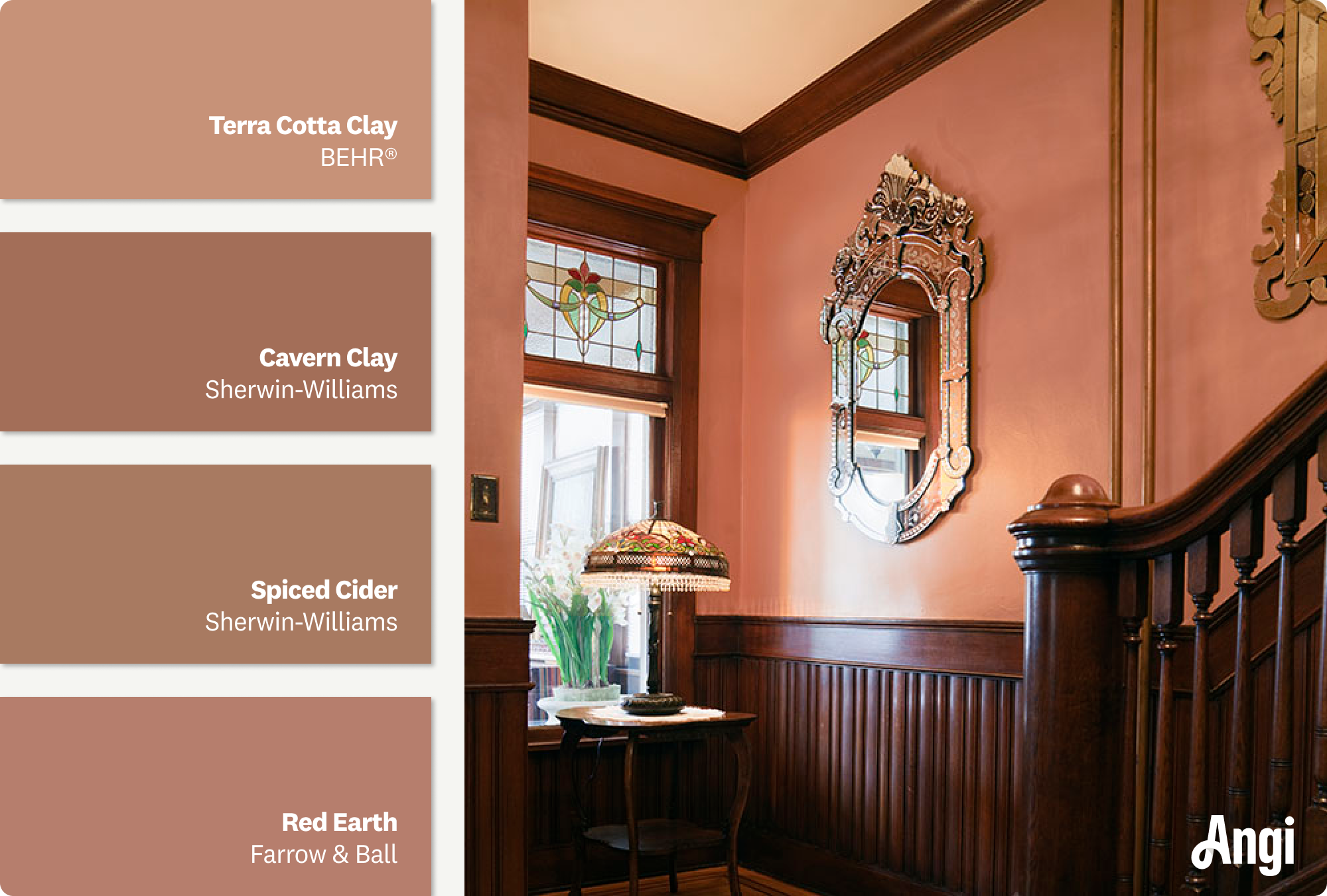 A foyer with walls painted terracotta and natural stained wood trim, including different tones of terracotta paints