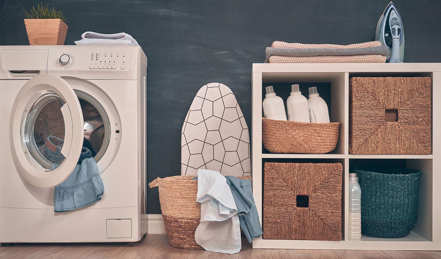 Textured bins in laundry room