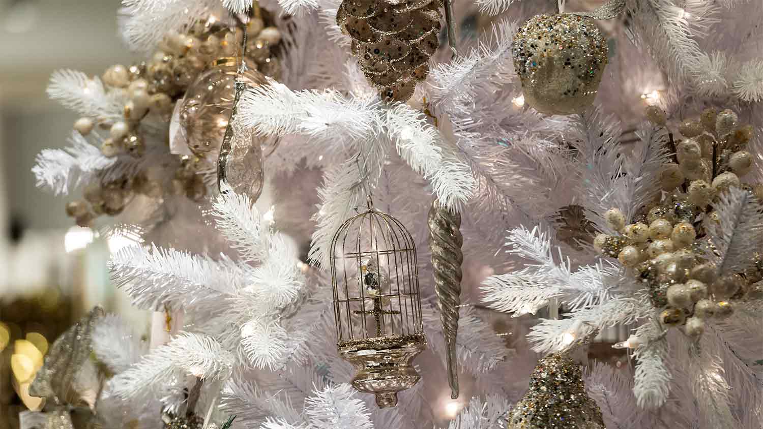 textured ornaments on white christmas tree