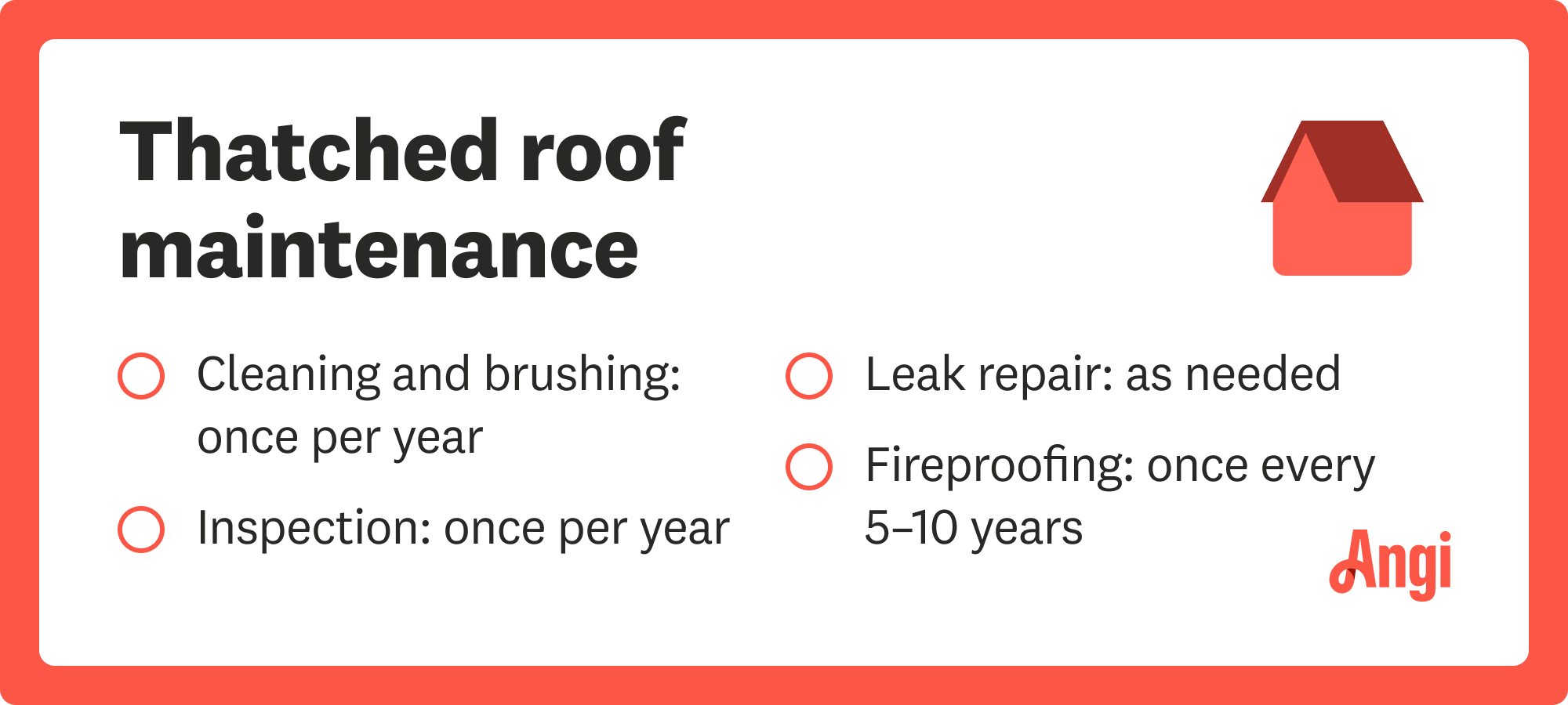 Thatched roof maintenance checklist, including fireproofing once every 5 to 10 years