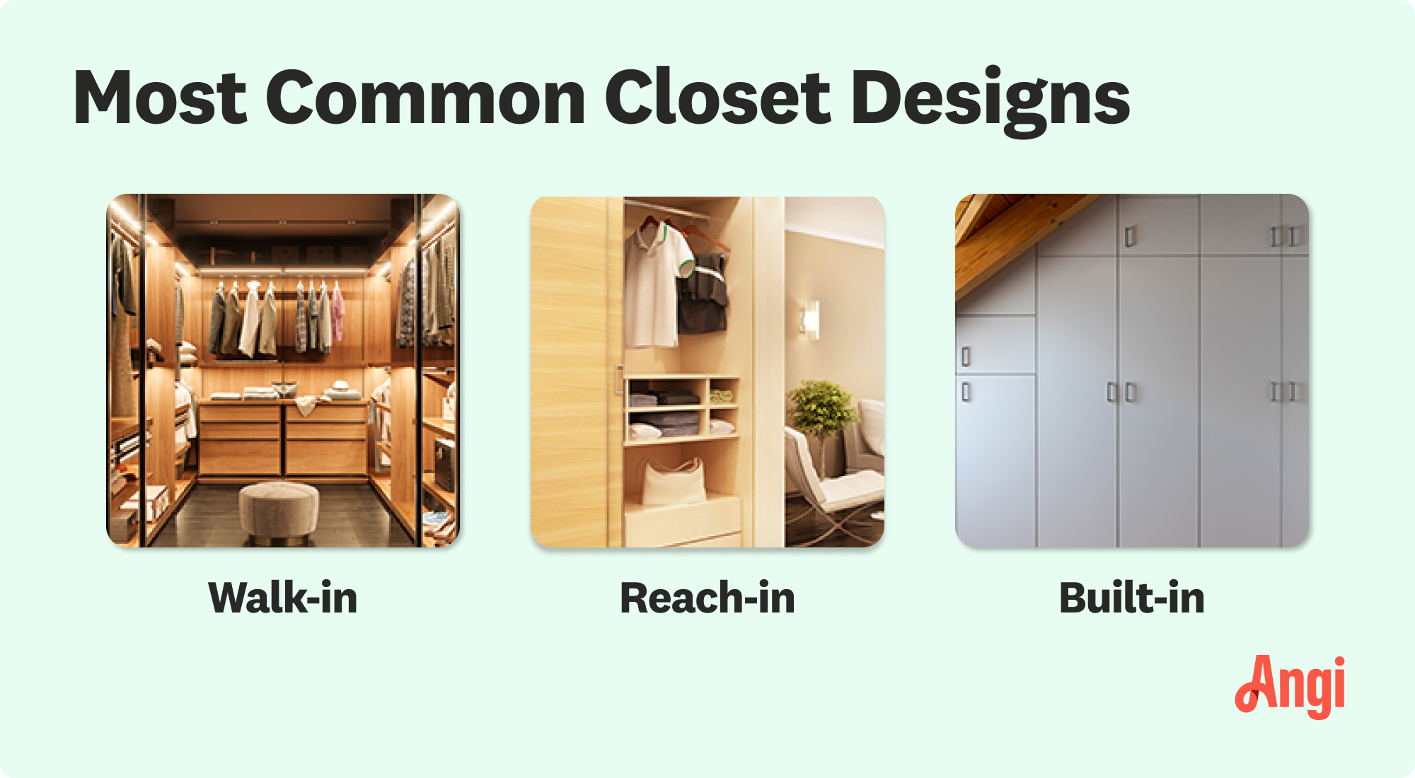 3 most common closet types compared visually, including walk-in, reach-in, and built-in