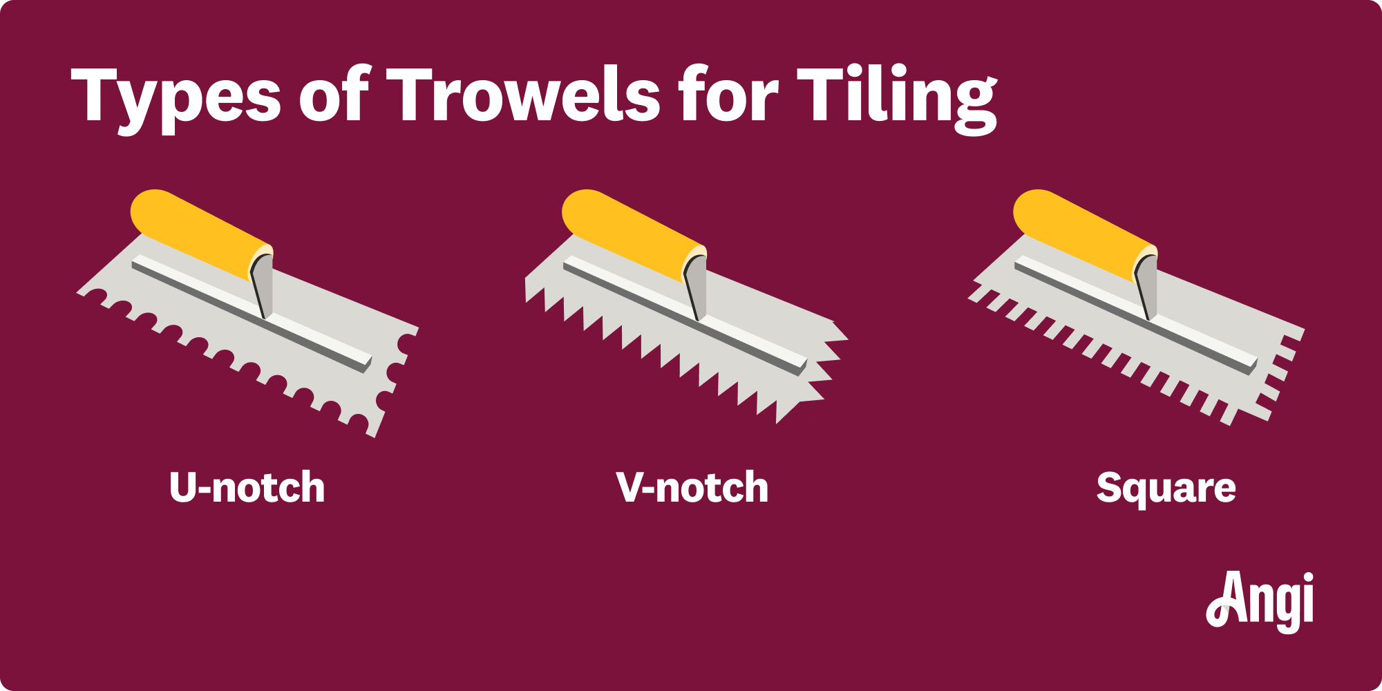 3 trowel types for tiling illustrated and compared, including U-notch, V-notch, and square