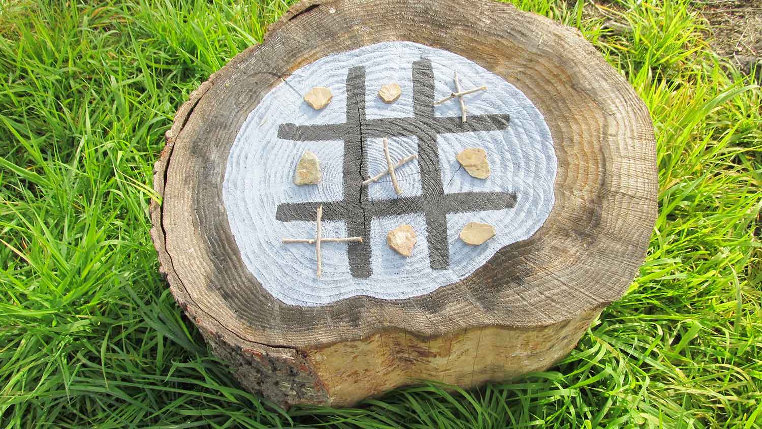 Tic-tac-toe game drawn on a tree stump