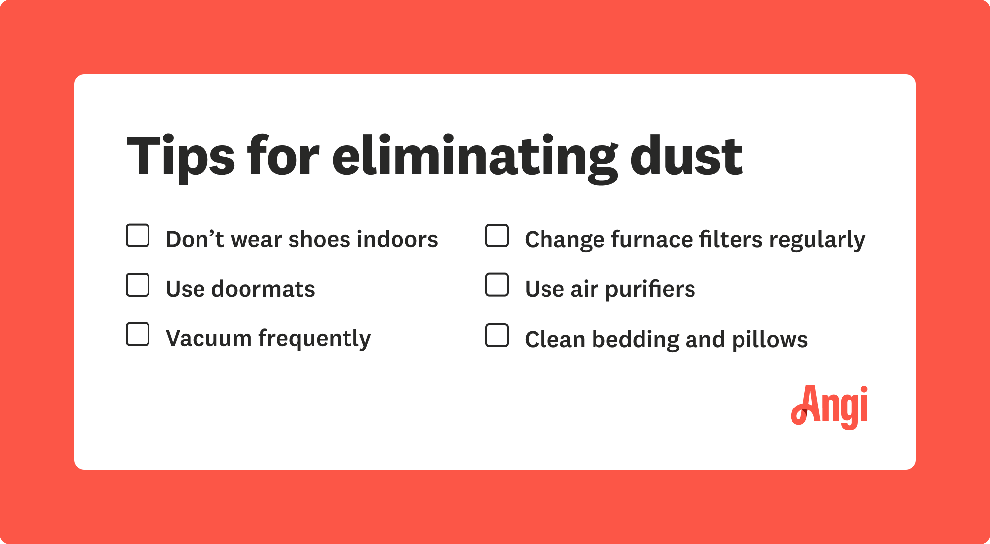 6 tips for eliminating dust, including using doormats, vacuuming frequently, and cleaning bedding and pillows