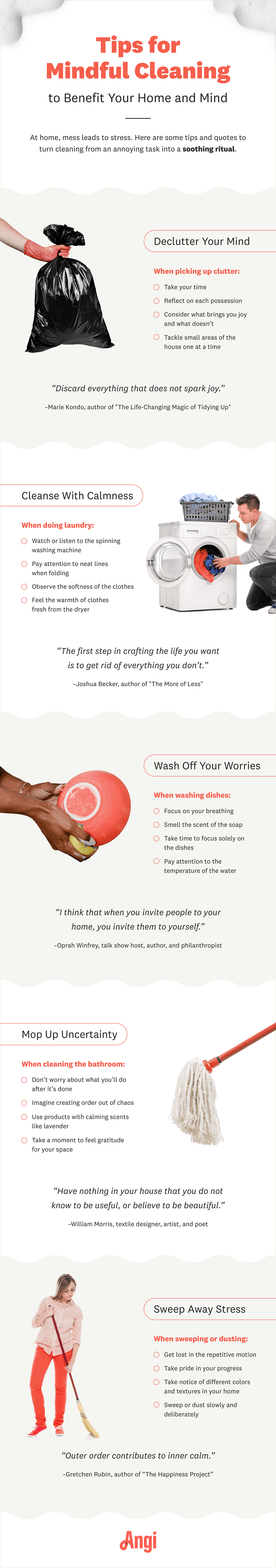 tips for mindful cleaning to benefit your home and mood: declutter your mind, cleanse with calmness, wash off your worries, mop up uncertainty