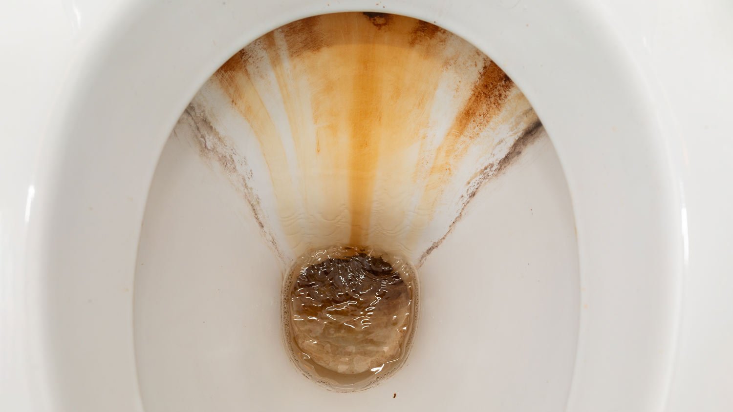 Close-up of a toilet bowl with brown stains inside.