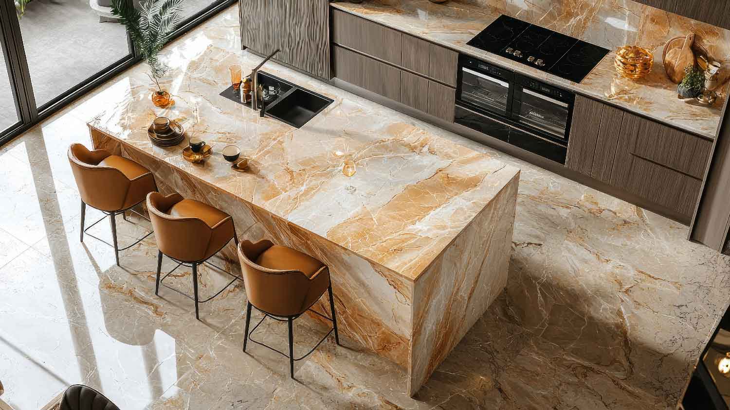 Top view of a luxurious kitchen with onyx countertop 