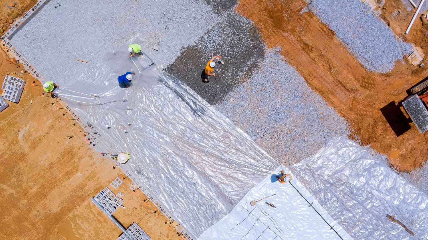 Top view of vapor barrier on foundation