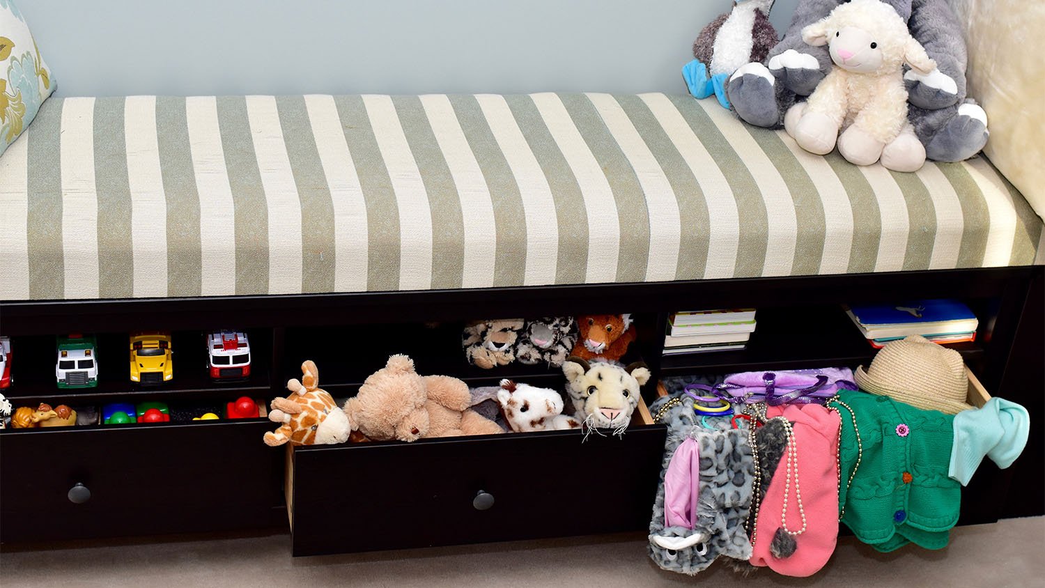 toys storage bench in playroom