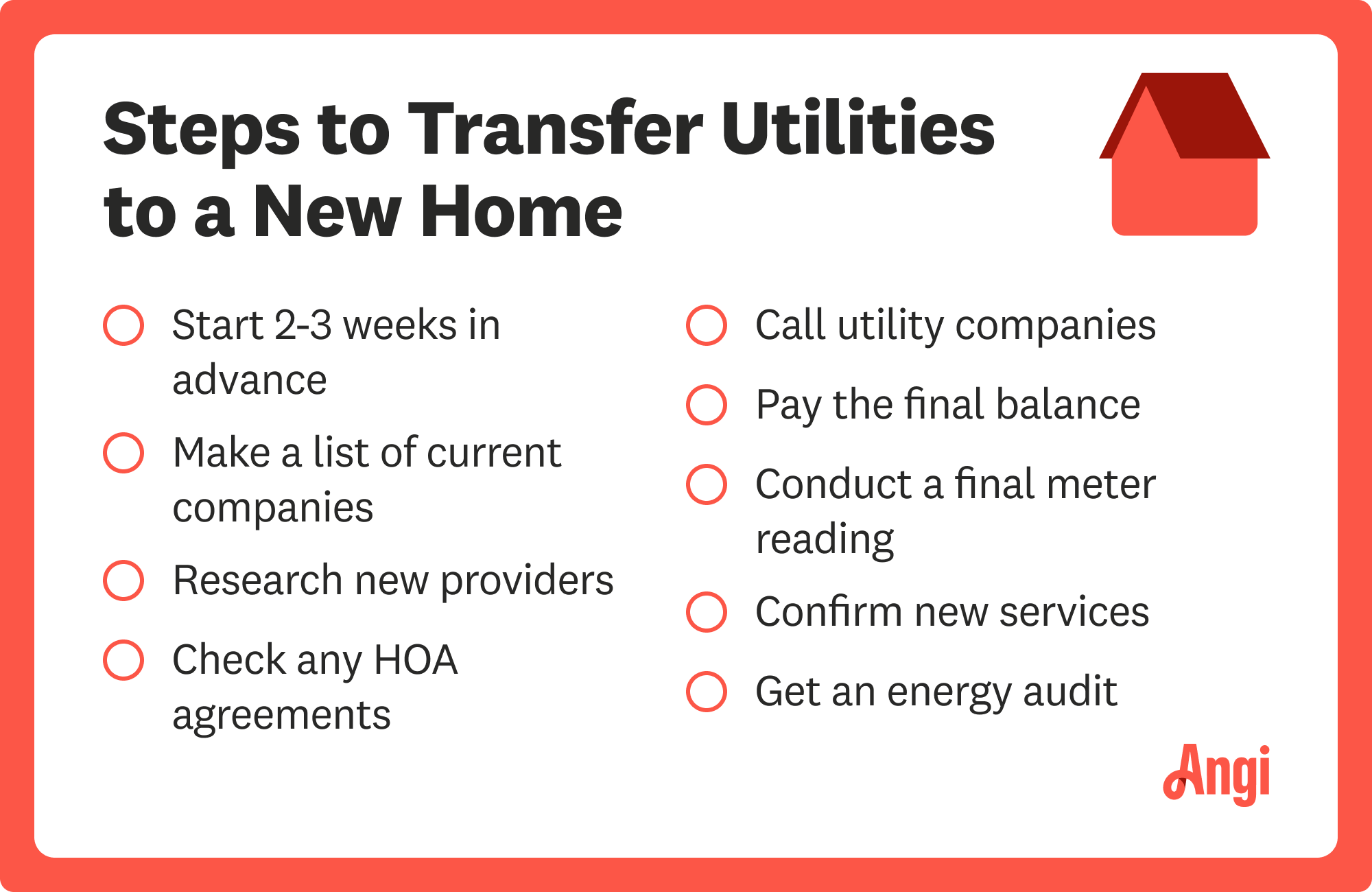 9 steps to transfer utilities to a new home checklist, including starting 2 to 3 weeks in advance