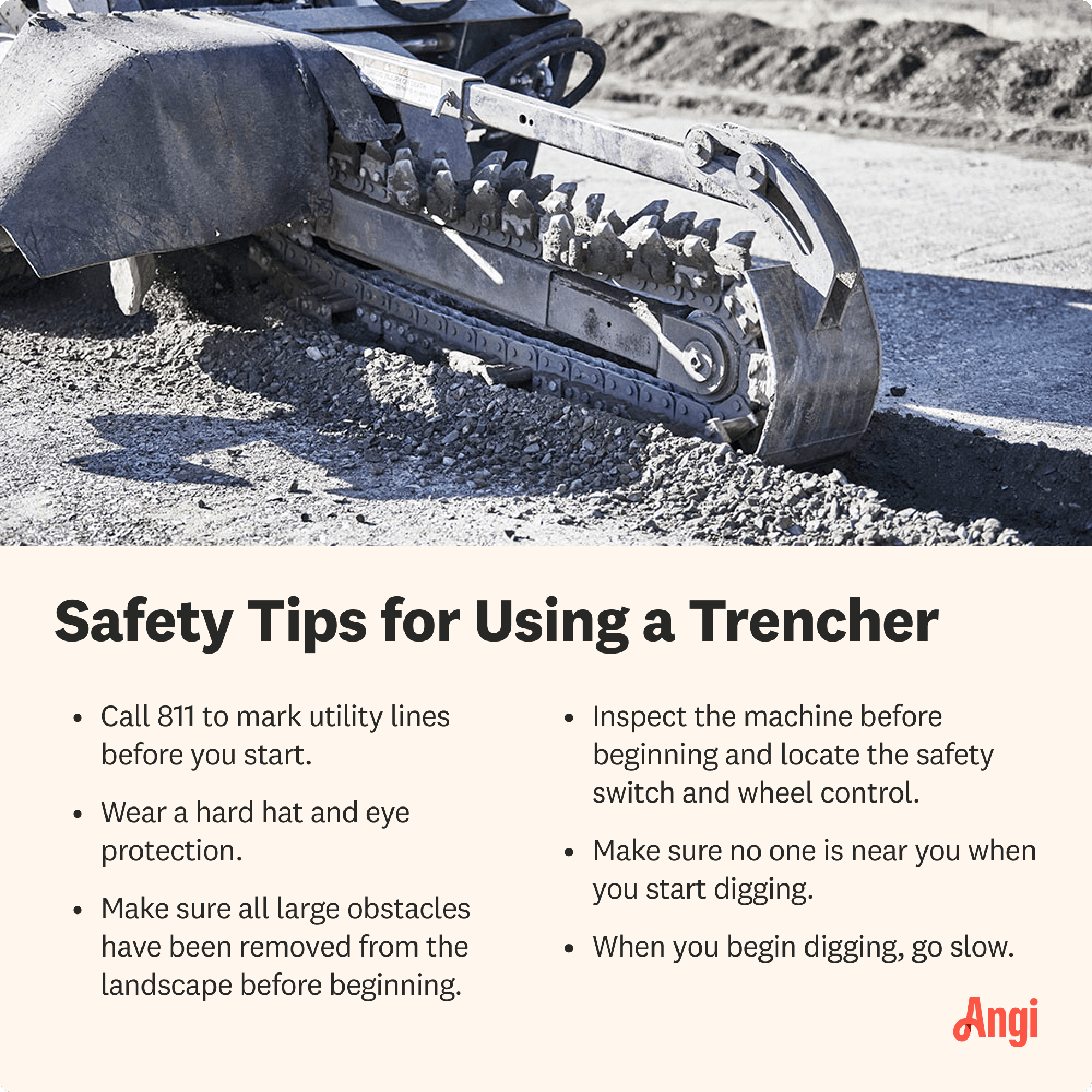 6 safety tips when using a trencher, including wearing a hard hat and eye protection