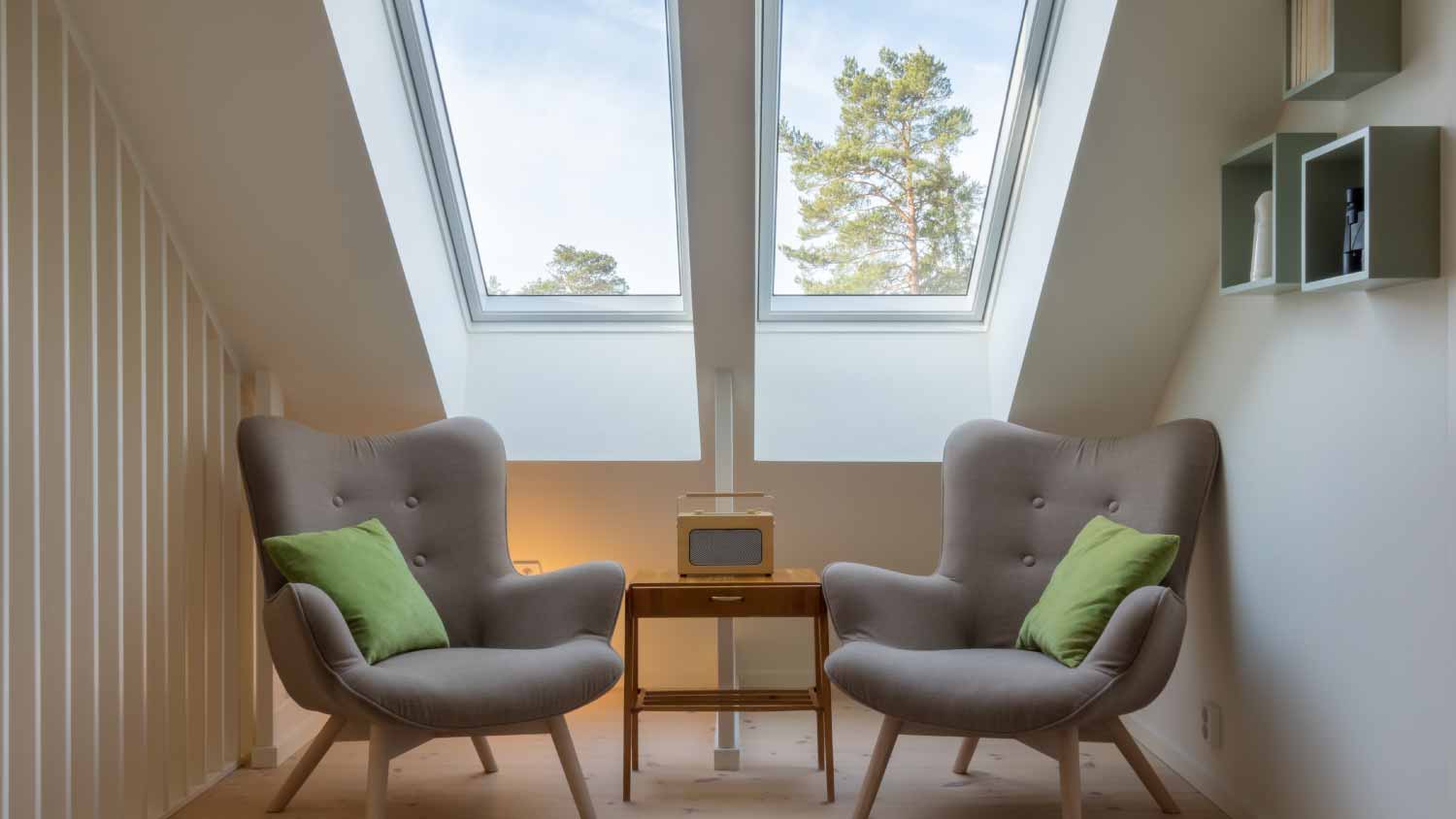 Two reading chairs under two skylights