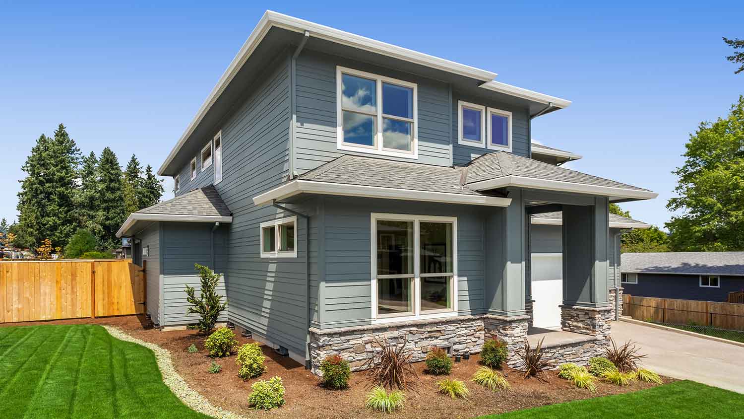 Suburban house exterior with composite siding