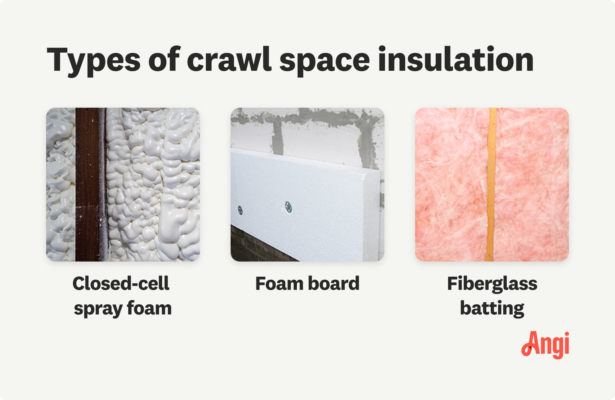 3 crawl space insulation types compared visually, including foam board and fiberglass batting